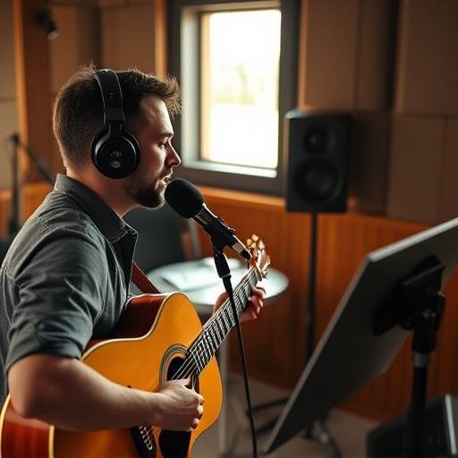 Ein Musiker nimmt im professionellen Tonstudio Gesang auf, während ein Tontechniker die Aufnahme überwacht.