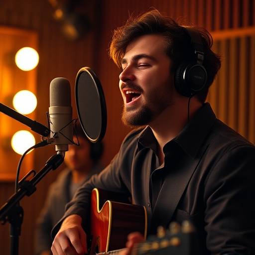 En Musiker nimmt im Tonstudio Gesang uf.